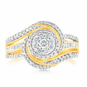 10ct Yellow Gold 3/4 Carat Diamond Round Cluster Ring