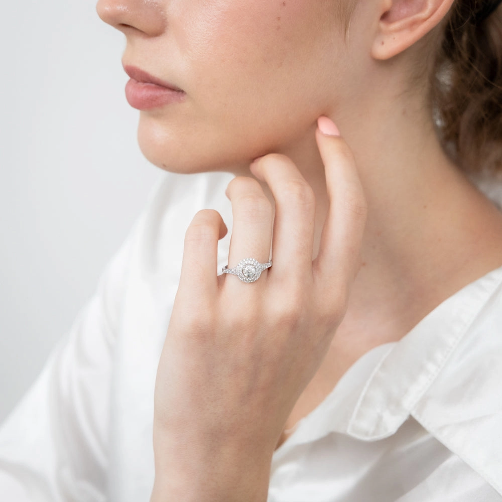14ct White Gold 1 Carat Brilliant Cut Diamond Solitaire Ring with Double Diamond Halo and Diamond Split Shank