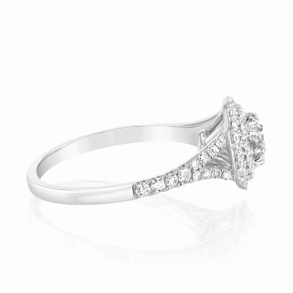 14ct White Gold 1 Carat Brilliant Cut Diamond Solitaire Ring with Double Diamond Halo and Diamond Split Shank