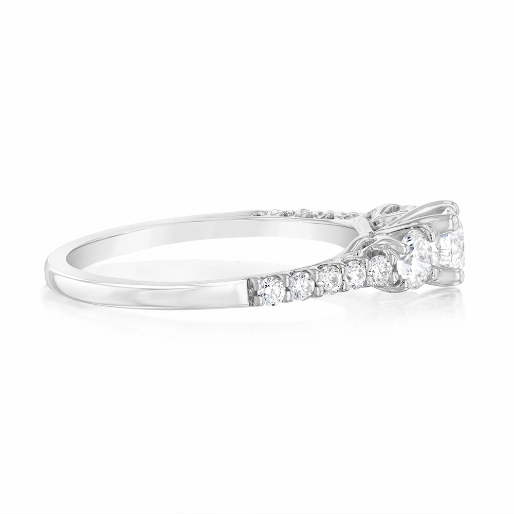 14ct White Gold 1 Carat Brilliant Cut Diamond Trilogy Ring with Diamond on Shank