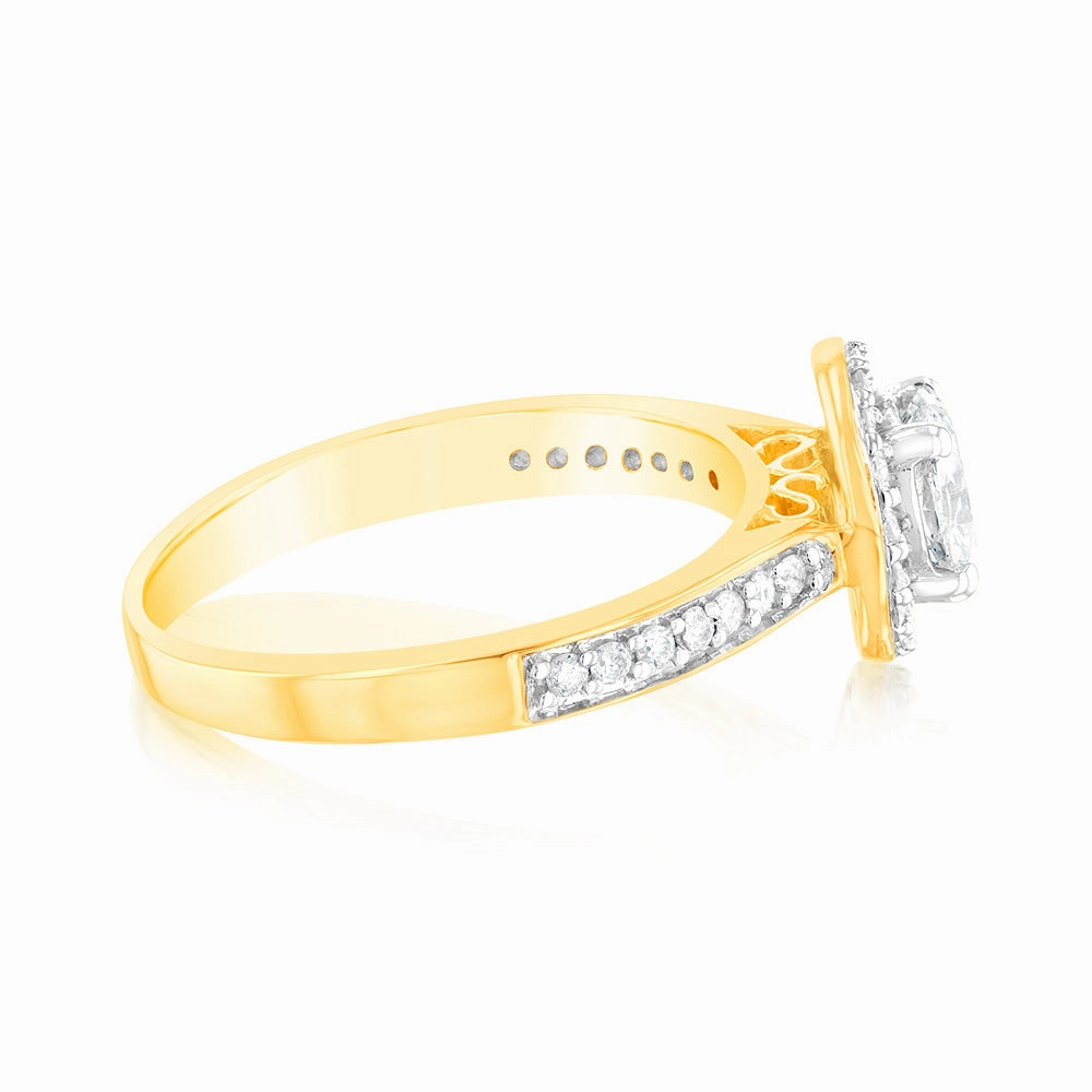 14ct Yellow Gold 1 Carat Brilliant Cut Diamond Halo Solitaire Ring with Diamonds on Shank