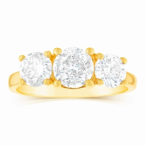 14ct Yellow Gold 2 Carat Diamond Trilogy Ring with 3 Round Brilliant Cut Diamonds