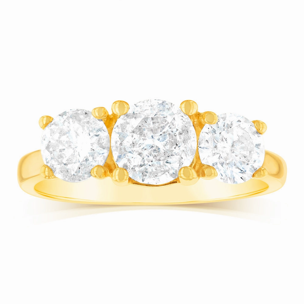 14ct Yellow Gold 2 Carat Diamond Trilogy Ring with 3 Round Brilliant Cut Diamonds