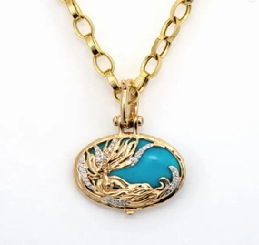14KYG TURQ, 0.14CT DIA OVAL SEA GODDESS PENDANT