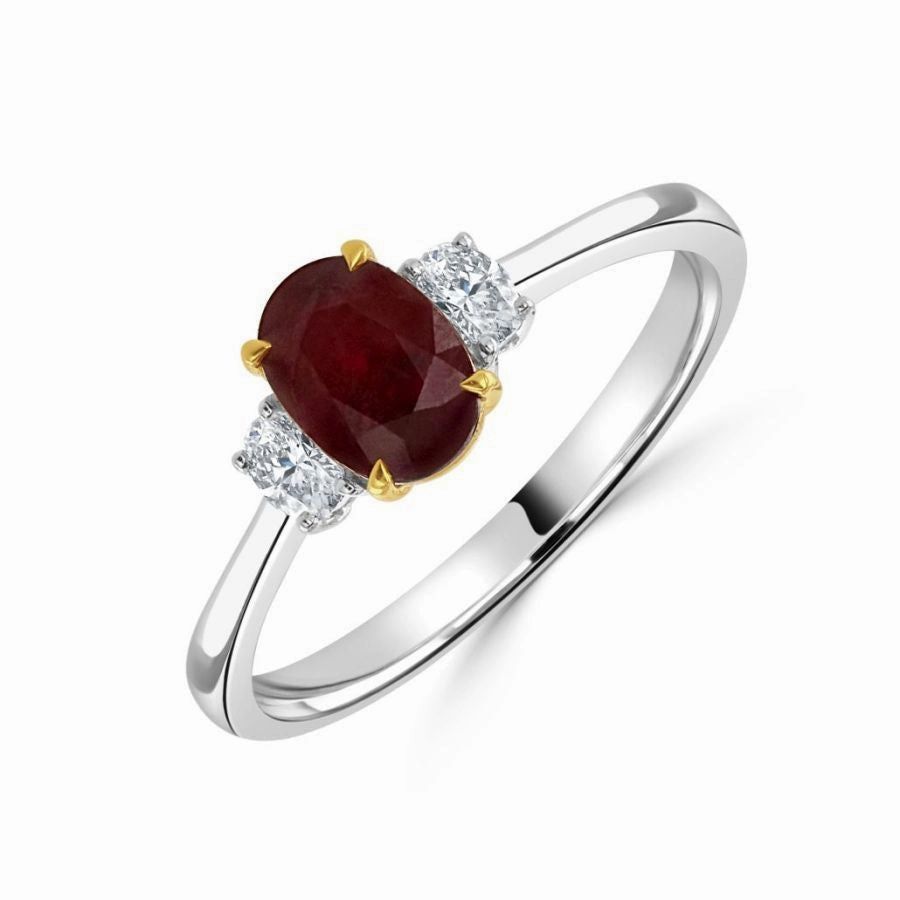 18ct Gold yellow and white gold oval ruby and oval diamond claw set 3 stone ring