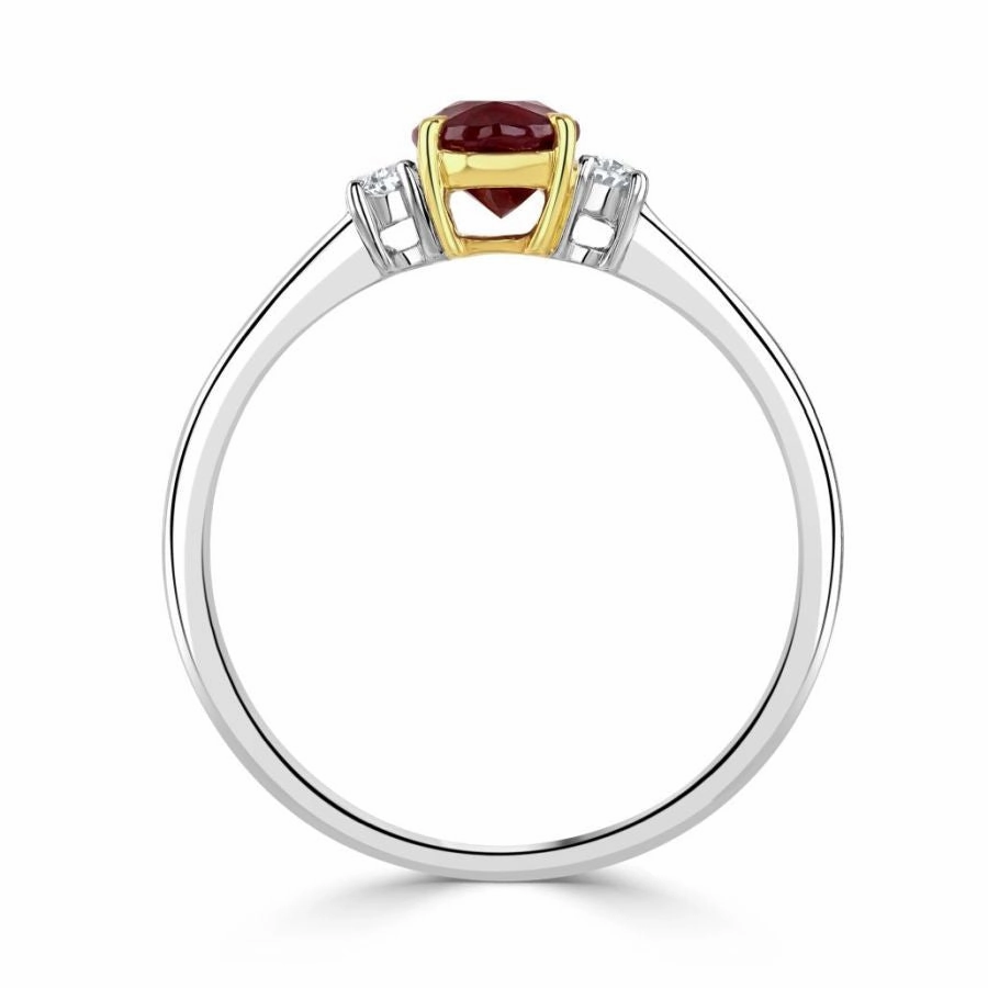 18ct Gold yellow and white gold oval ruby and oval diamond claw set 3 stone ring