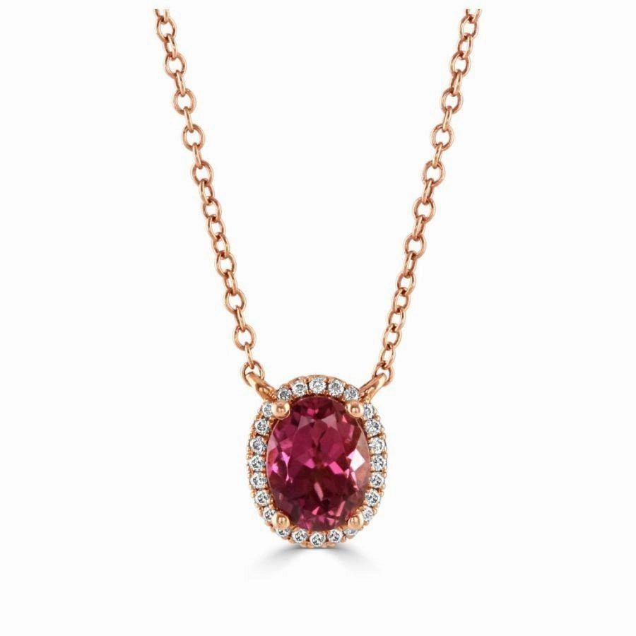18ct Rose Gold Oval Pink Tourmaline & Diamond Halo Cluster Pendant