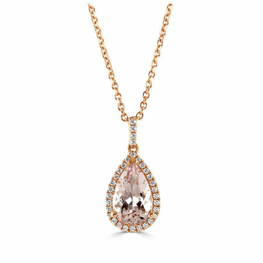 18ct Rose Gold Pear Morg & Diam cluster pnd with chain