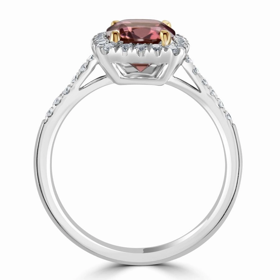 18ct White & Rose Gold Pink Tourmaline & Diamond Halo Cluster Ring with Diamond Shoulders