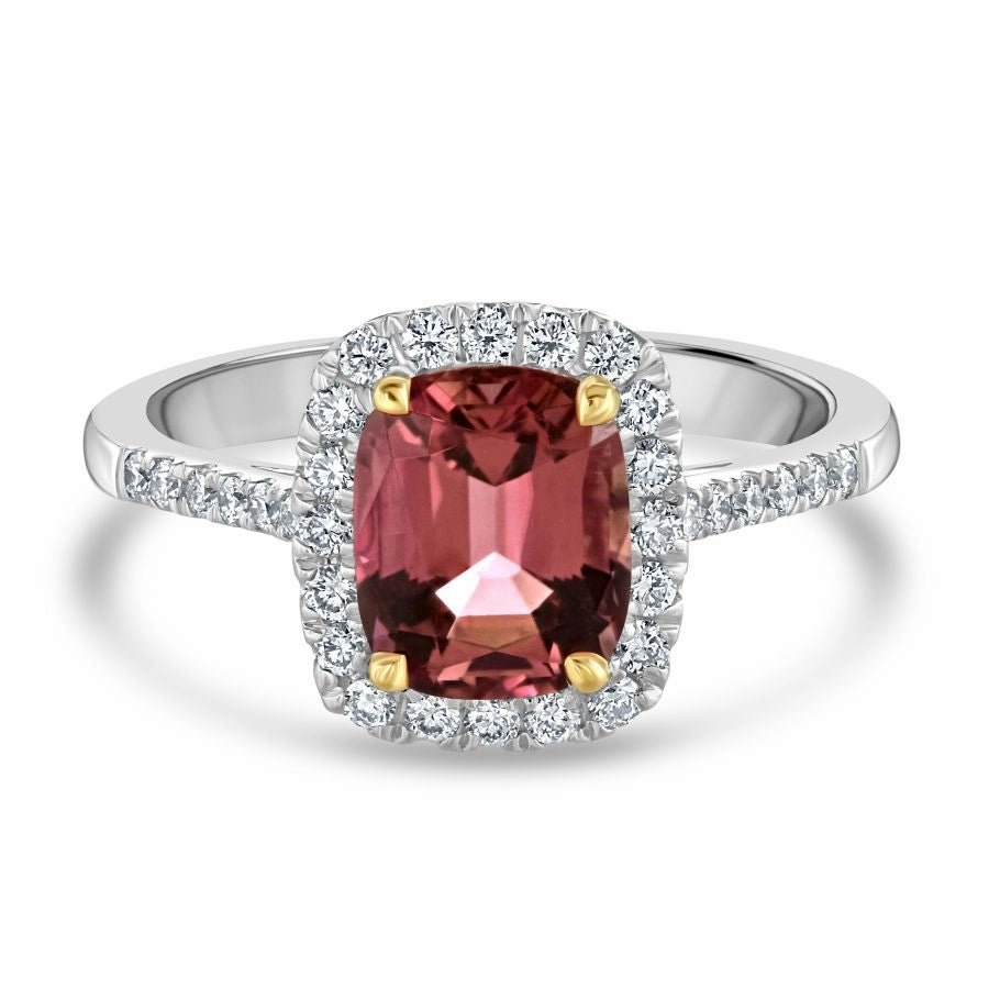 18ct White & Rose Gold Pink Tourmaline & Diamond Halo Cluster Ring with Diamond Shoulders