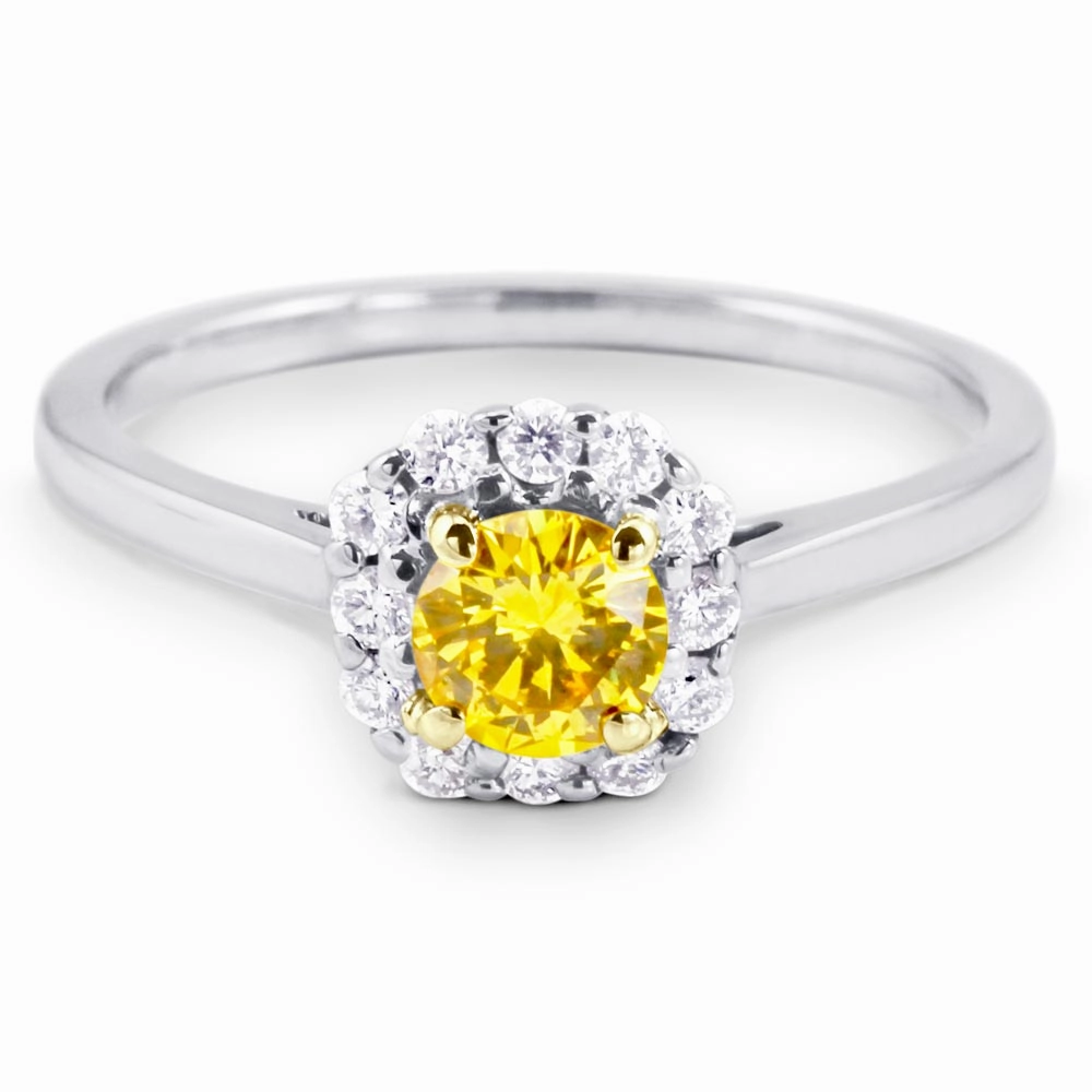 18ct White Gold 0.36ct Round Brilliant Cut Yellow Diamond and 0.18ct Diamond Halo Engagement Ring