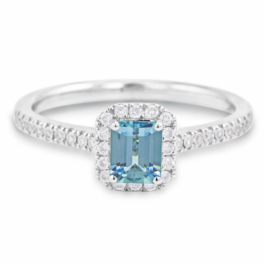 18ct White Gold 0.38ct Emerald Cut Aquamarine And 0.18ct Diamond Halo And Shoulders Ring
