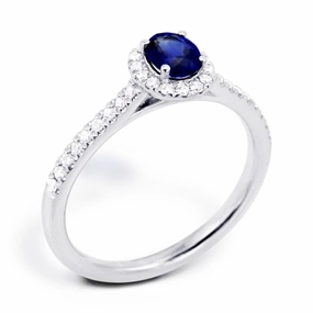 18ct White Gold 0.50ct Oval Cut Blue Sapphire and 0.19ct Diamond Ring