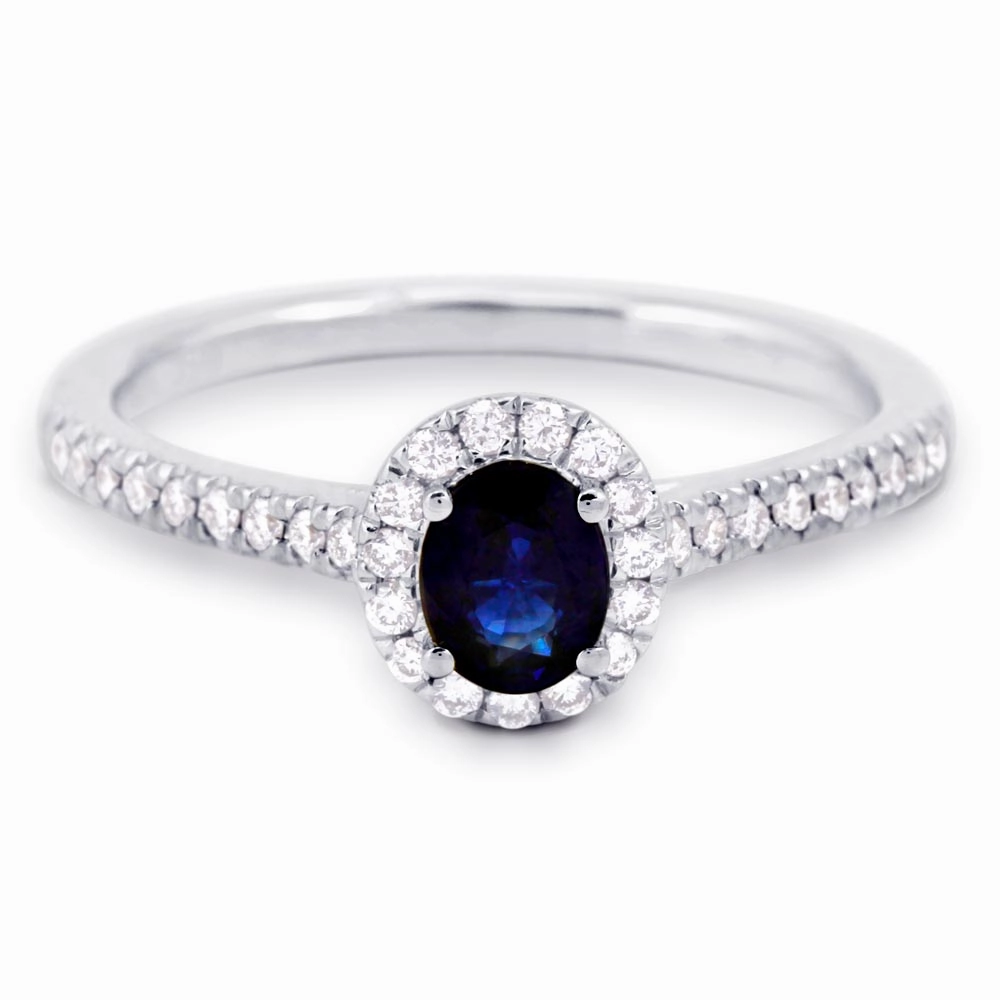 18ct White Gold 0.50ct Oval Cut Blue Sapphire and 0.19ct Diamond Ring