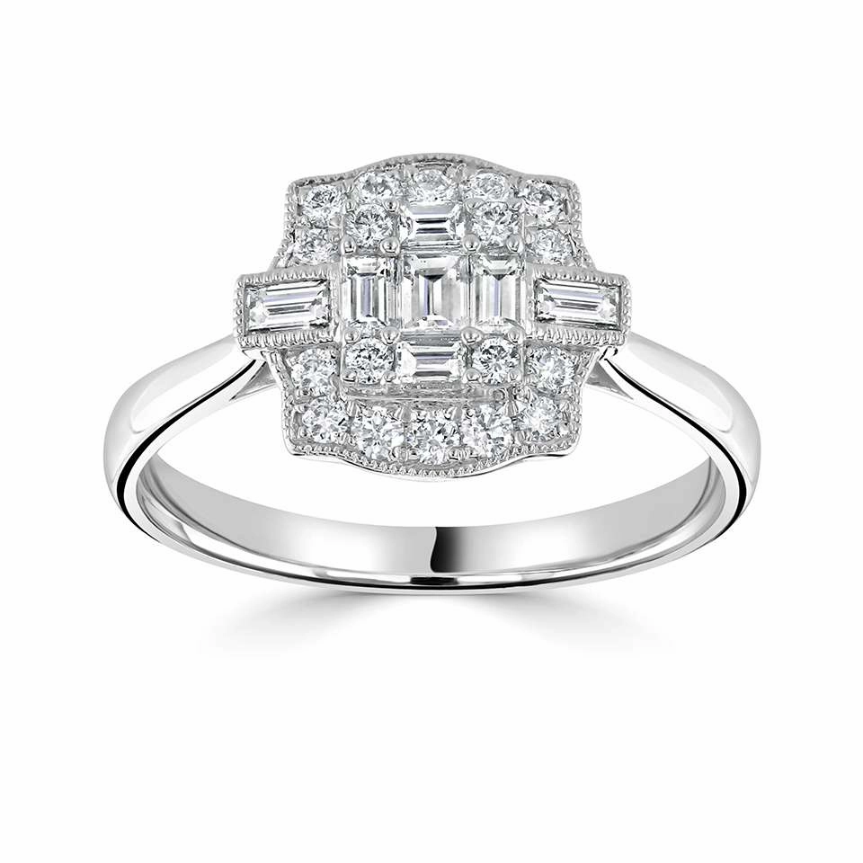 18ct White Gold 0.51ct Baguette And Round Brilliant Cut Diamond Fancy Ring