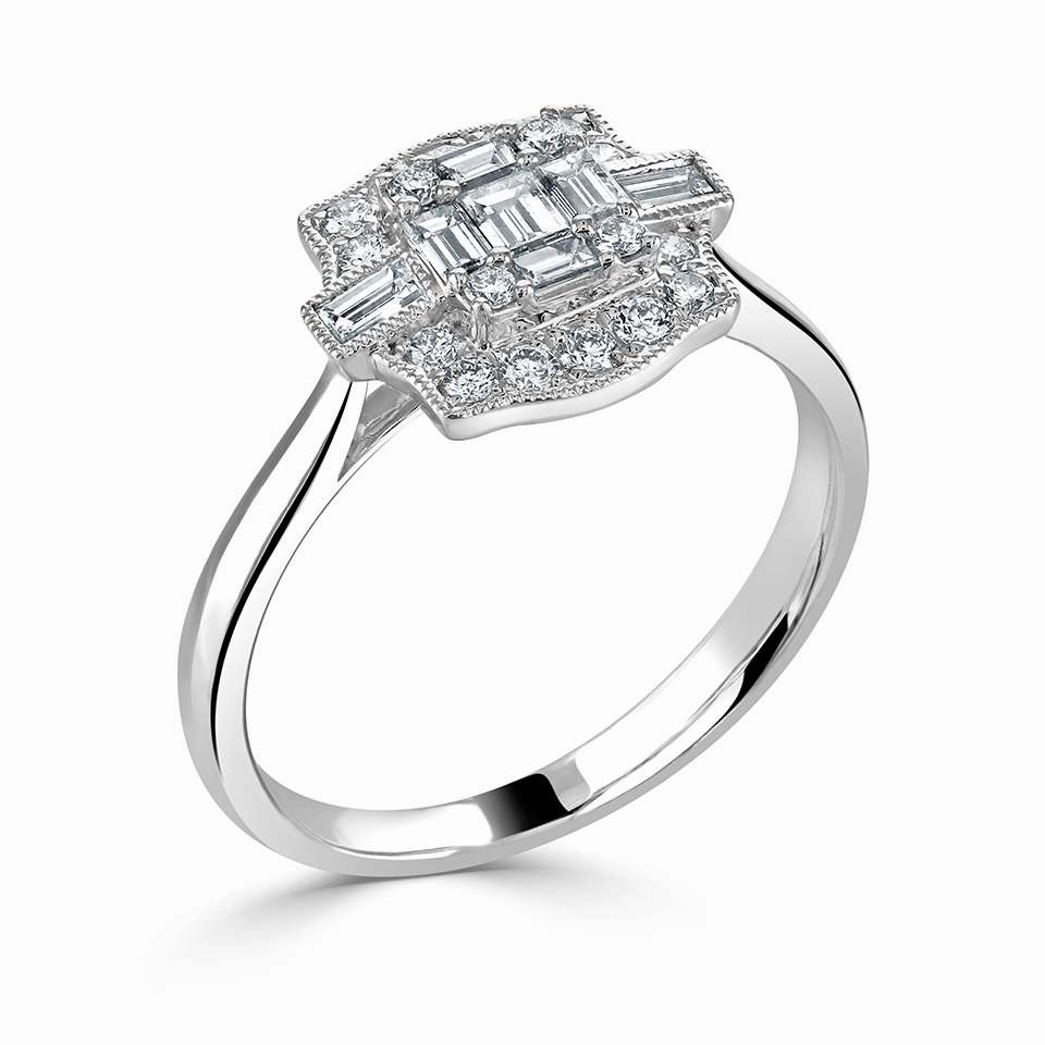 18ct White Gold 0.51ct Baguette And Round Brilliant Cut Diamond Fancy Ring