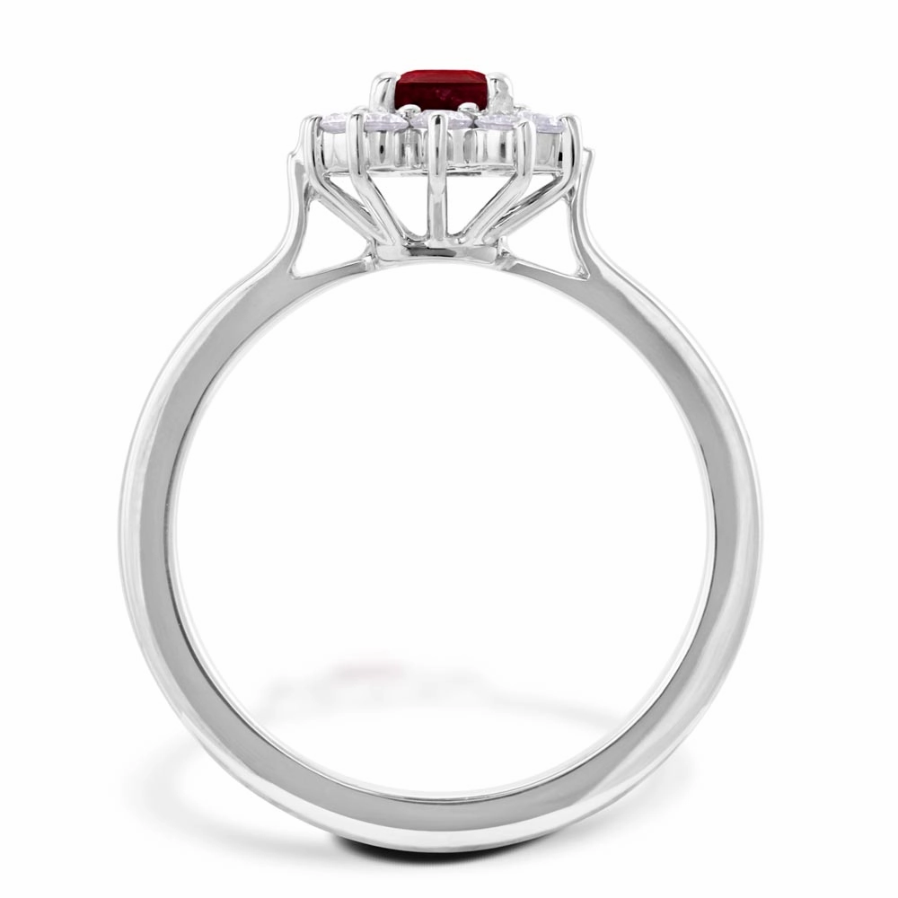 18ct White Gold 0.51ct Emerald Cut Ruby And 0.35ct Round Brilliant Cut Diamond Halo Cluster Ring