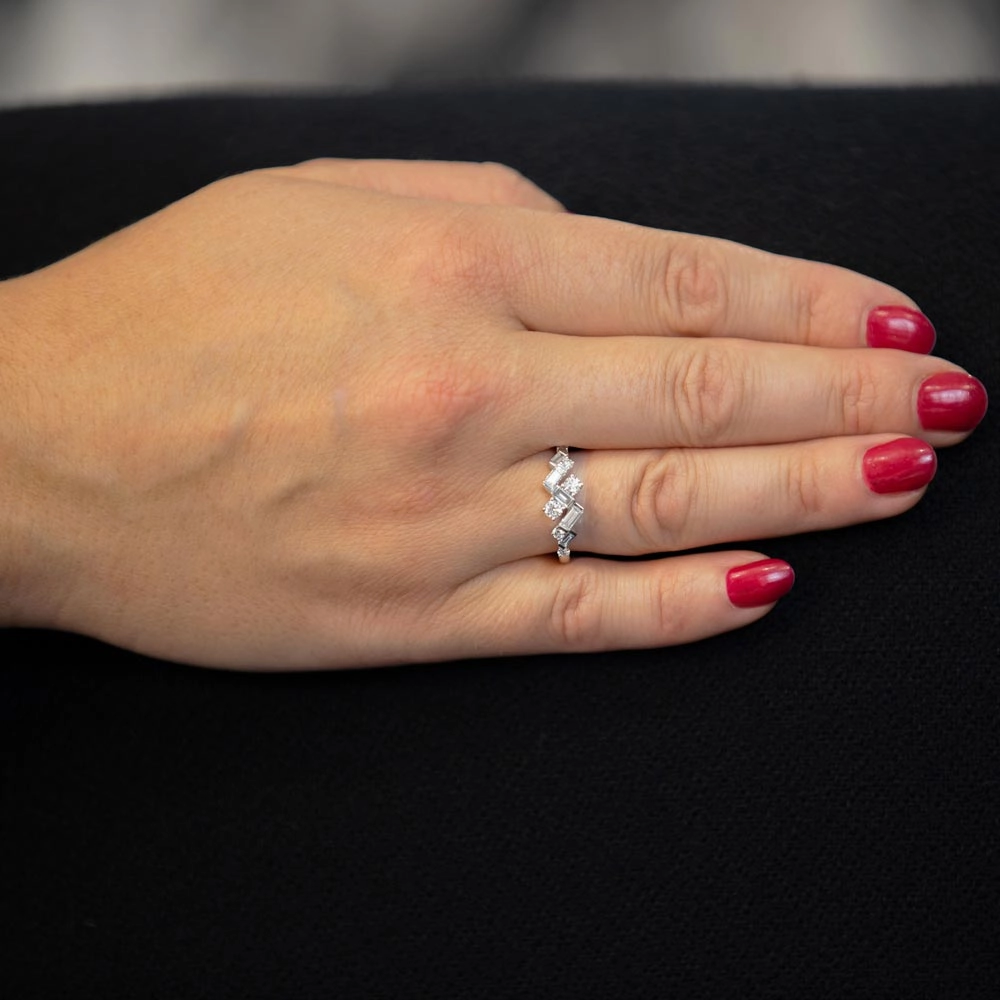 18ct White Gold 0.71ct Baguette And Round Brilliant Cut Diamond Zig Zag Fancy Ring