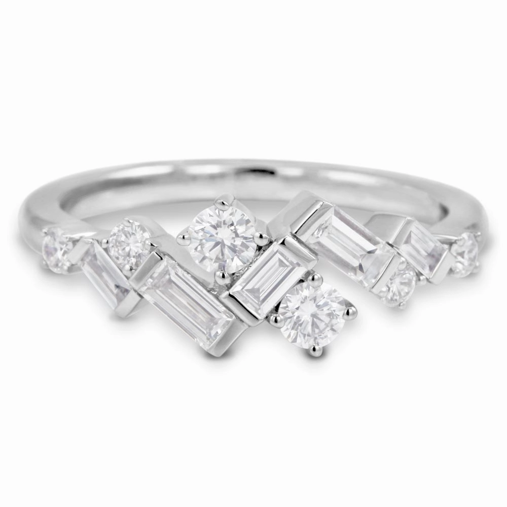18ct White Gold 0.71ct Baguette And Round Brilliant Cut Diamond Zig Zag Fancy Ring