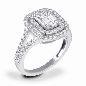 18ct White Gold 0.82ct Baguette Double Halo Diamond Ring