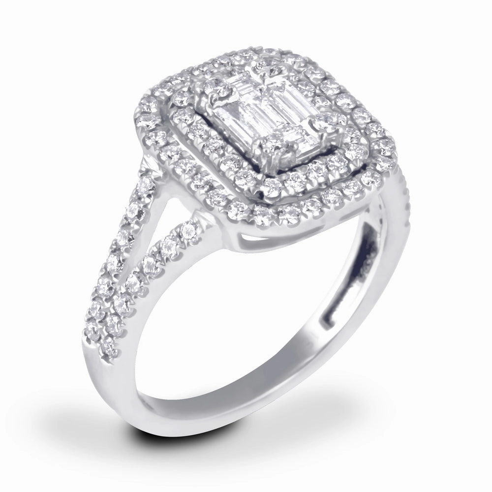 18ct White Gold 0.82ct Baguette Double Halo Diamond Ring