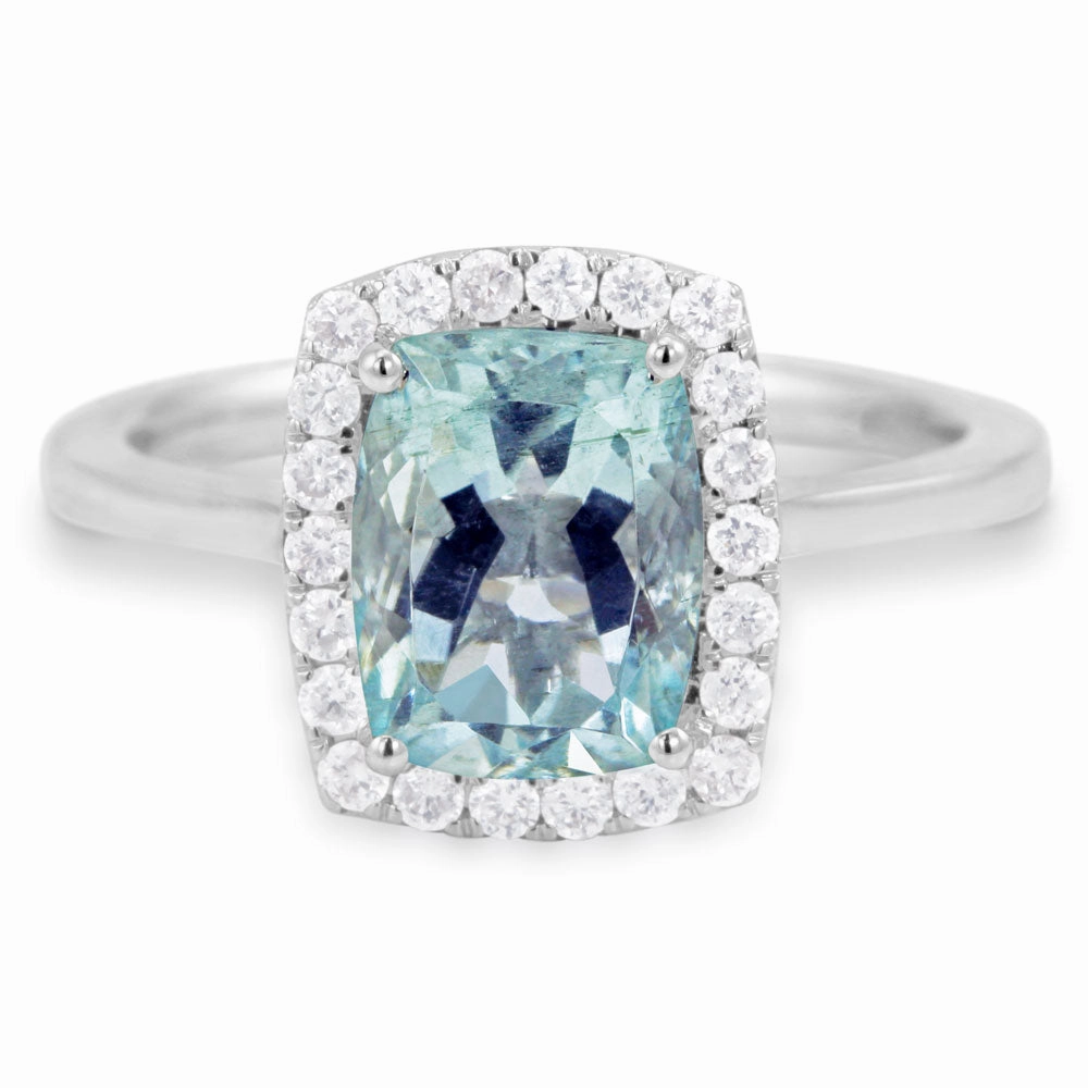 18ct White Gold 1.84ct Radiant Cut Aquamarine With 0.27ct Diamond Halo Ring