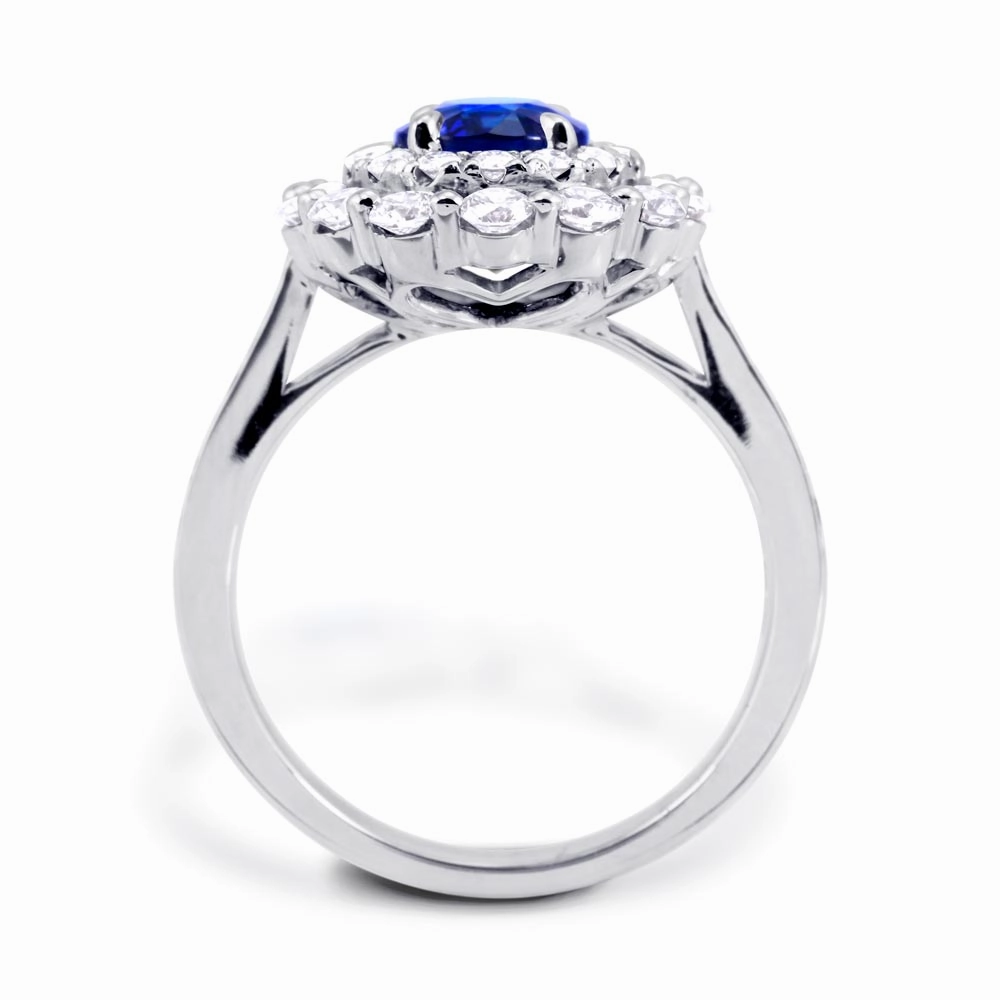 18ct White Gold 2.30ct Oval Cut Blue Sapphire And 1.09ct Double Diamond Halo Ring