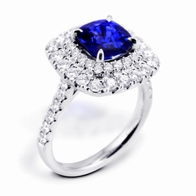 18ct White Gold 2.33ct Cushion Cut Blue Sapphire And 1.08ct Double Diamond Halo Ring