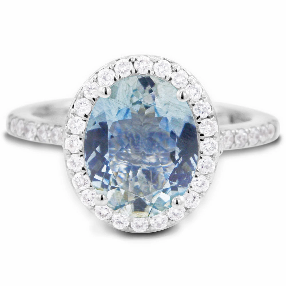 18ct White Gold 2.49ct Oval Cut Aquamarine With 0.40ct Diamond Halo and Diamond Set Shoulders Ring