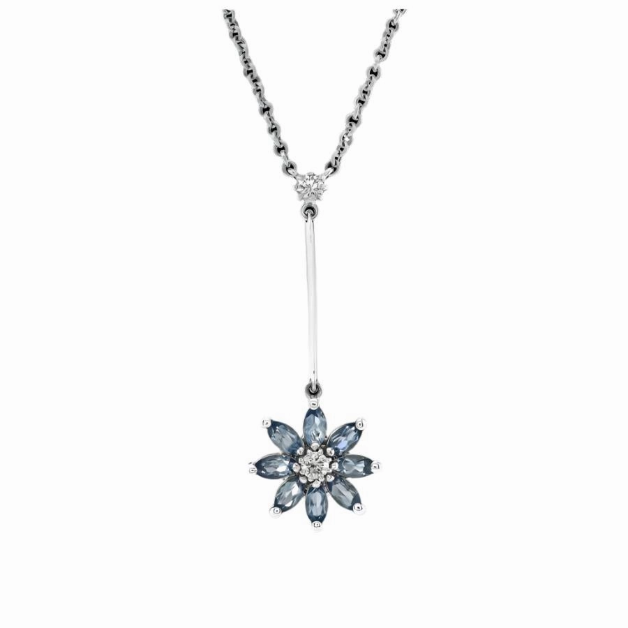 18ct White Gold Aquamarine & Diamond Flower Pendant & Chain
