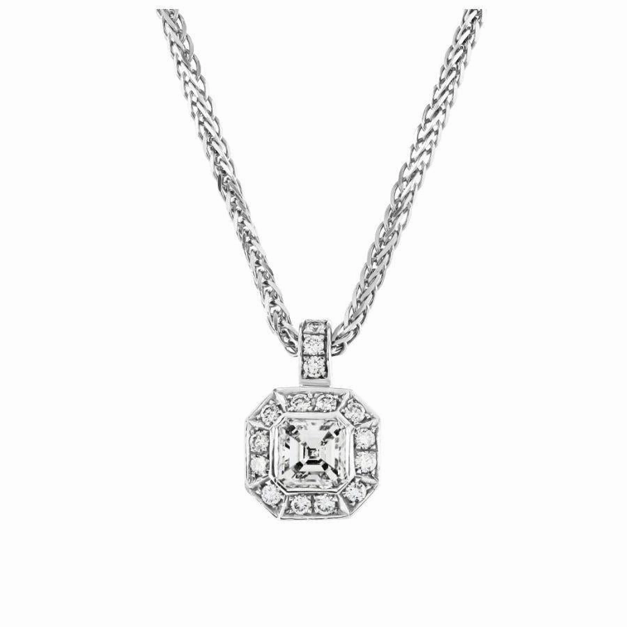 18ct White Gold Asscher Cut Diamond Octagonal Halo Cluster Pendant