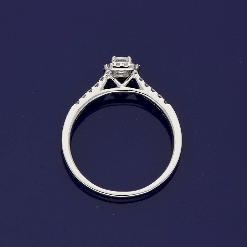 18ct White Gold Certificated Emerald Cut Diamond Halo Ring