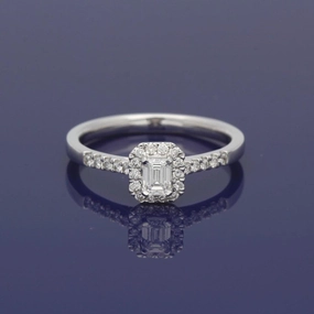 18ct White Gold Certificated Emerald Cut Diamond Halo Ring