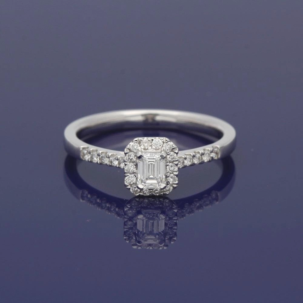 18ct White Gold Certificated Emerald Cut Diamond Halo Ring