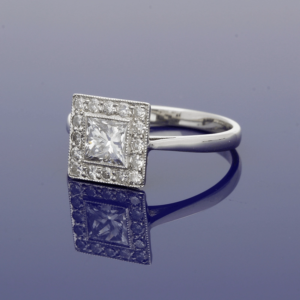 18ct White Gold Diamond Art Deco Style Square Halo Ring