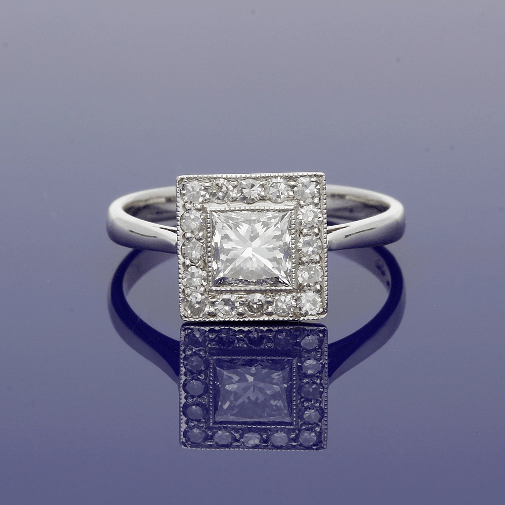 18ct White Gold Diamond Art Deco Style Square Halo Ring