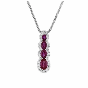 18ct White Gold Graduated Oval Cut Ruby & Diamond Halo Cluster Pendant & Chain