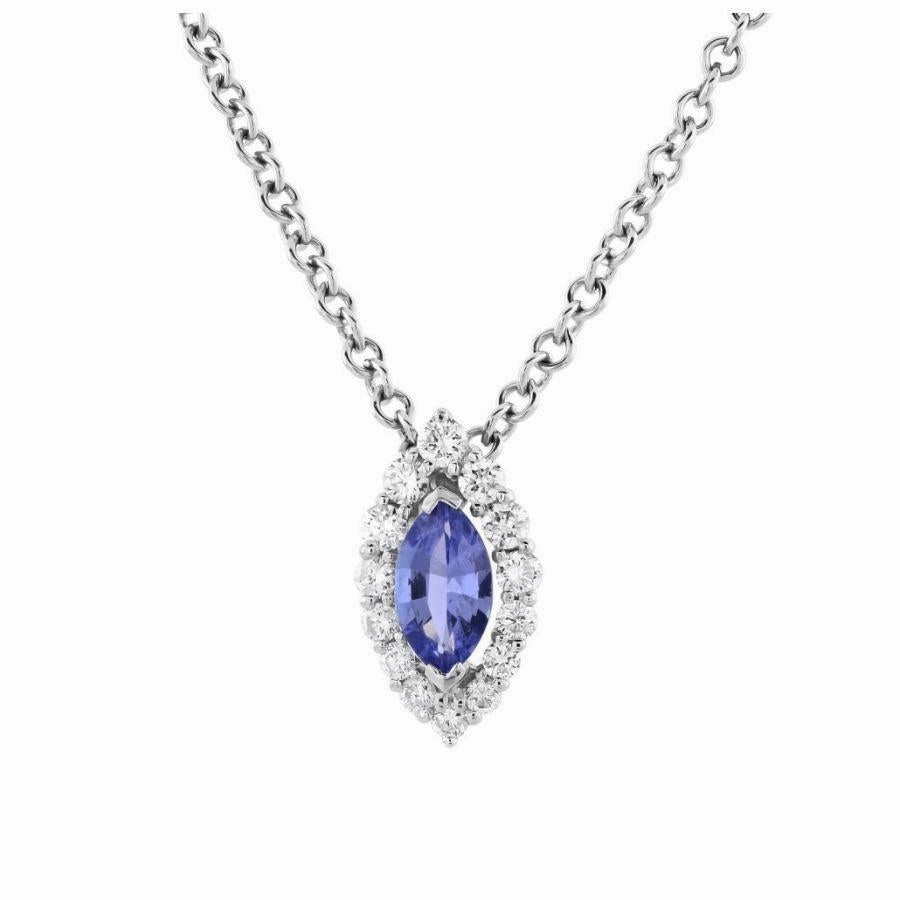 18ct White Gold Marquise Cut Tanzanite & Diamond Halo Cluster Pendant & Chain