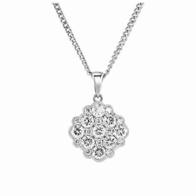 18ct White Gold Millegrain Set 9-Round Brilliant Cut Diamond Cluster Pendant & Chain