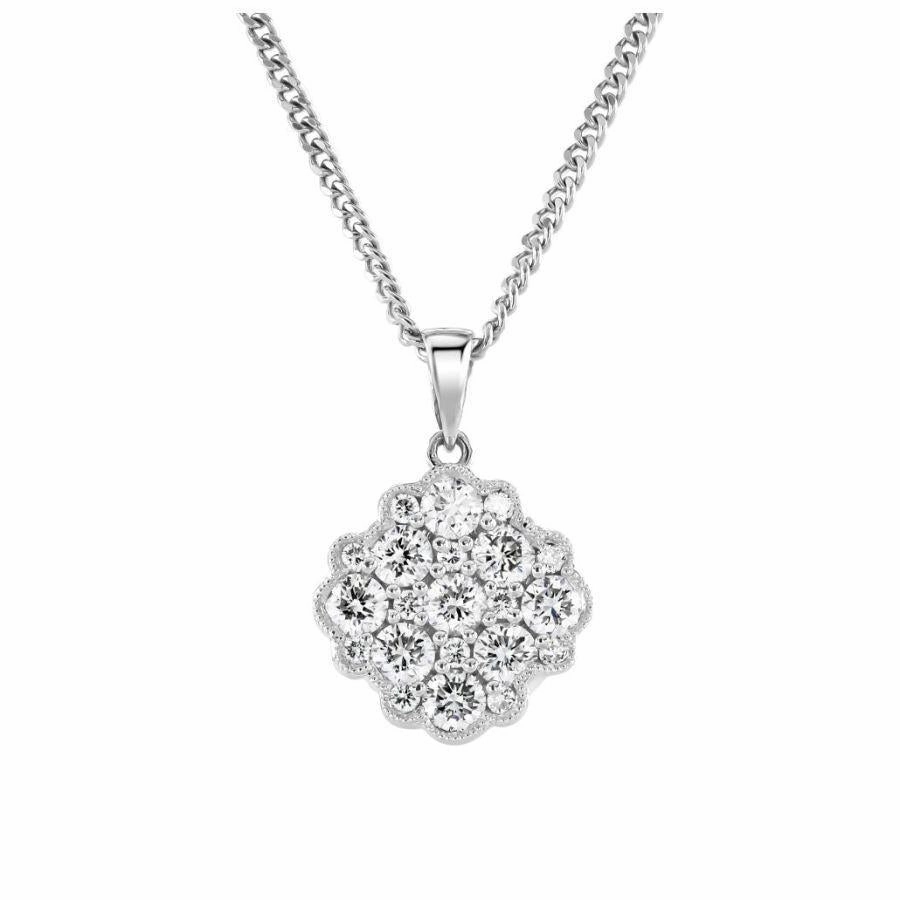 18ct White Gold Millegrain Set 9-Round Brilliant Cut Diamond Cluster Pendant & Chain