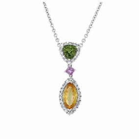 18ct White Gold Multi-Coloured Fancy Sapphire & Diamond Pendant & Chain