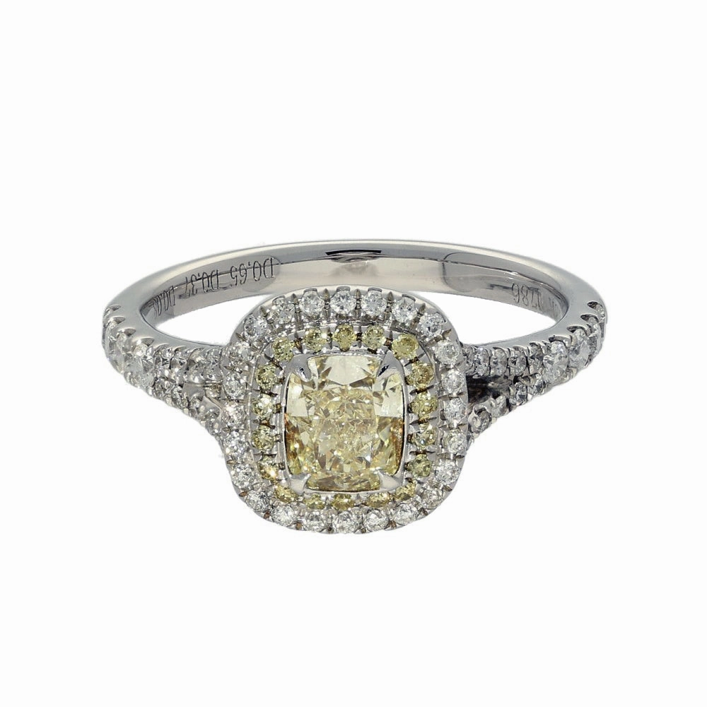 18ct White Gold Natural Yellow Diamond and White Diamond Halo Ring