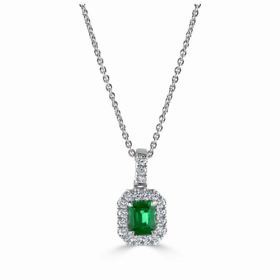 18ct White Gold Octagonal Cut Emerald & Diamond Halo Cluster Pendant