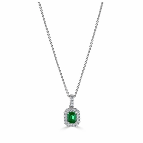 18ct White Gold Octagonal Cut Emerald & Diamond Halo Cluster Pendant