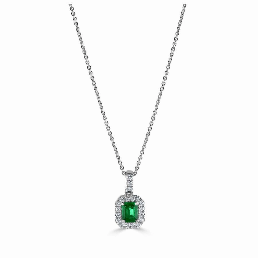 18ct White Gold Octagonal Cut Emerald & Diamond Halo Cluster Pendant