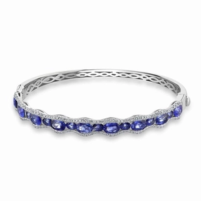 18ct White Gold Oval Cut Sapphire & Diamond Wave Hinged Bangle