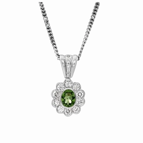 18ct White Gold Oval Cut Tsavorite & Diamond Cluster Pendant & Chain