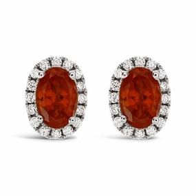 18ct White Gold Oval Mandarin Garnet & Diamond Halo Cluster Stud Earrings