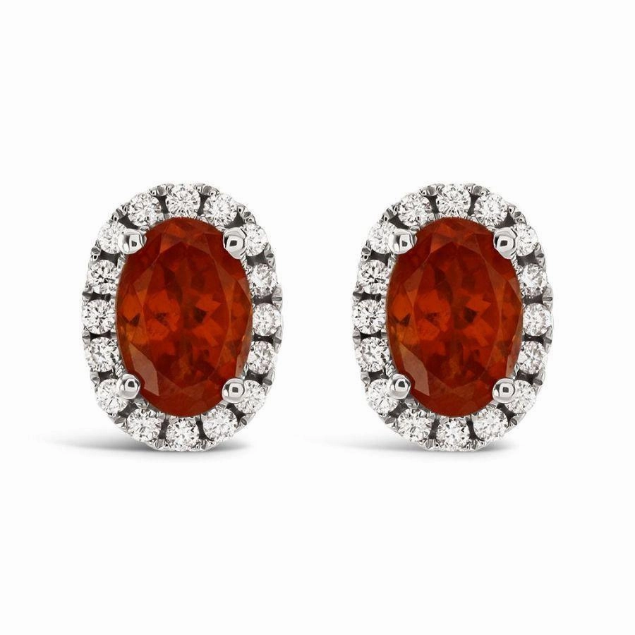18ct White Gold Oval Mandarin Garnet & Diamond Halo Cluster Stud Earrings