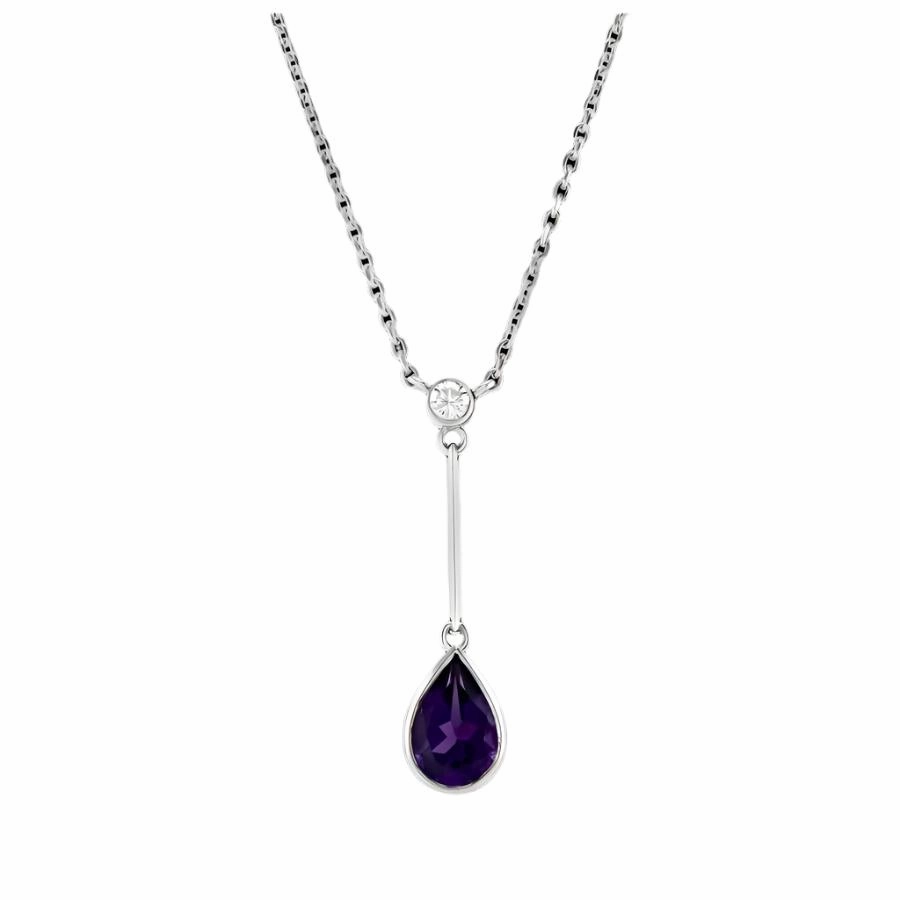 18ct White Gold Pear Cut Amethyst & Diamond Long Drop Pendant & Chain